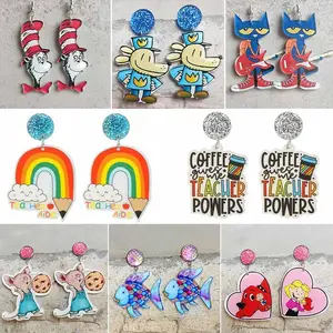 Class Grade Daisy Teacher Earrings Guitar Cat Devil Fish Teacher Holding Umbrella Rainbow Pencil Book Heart Student Earring Gift