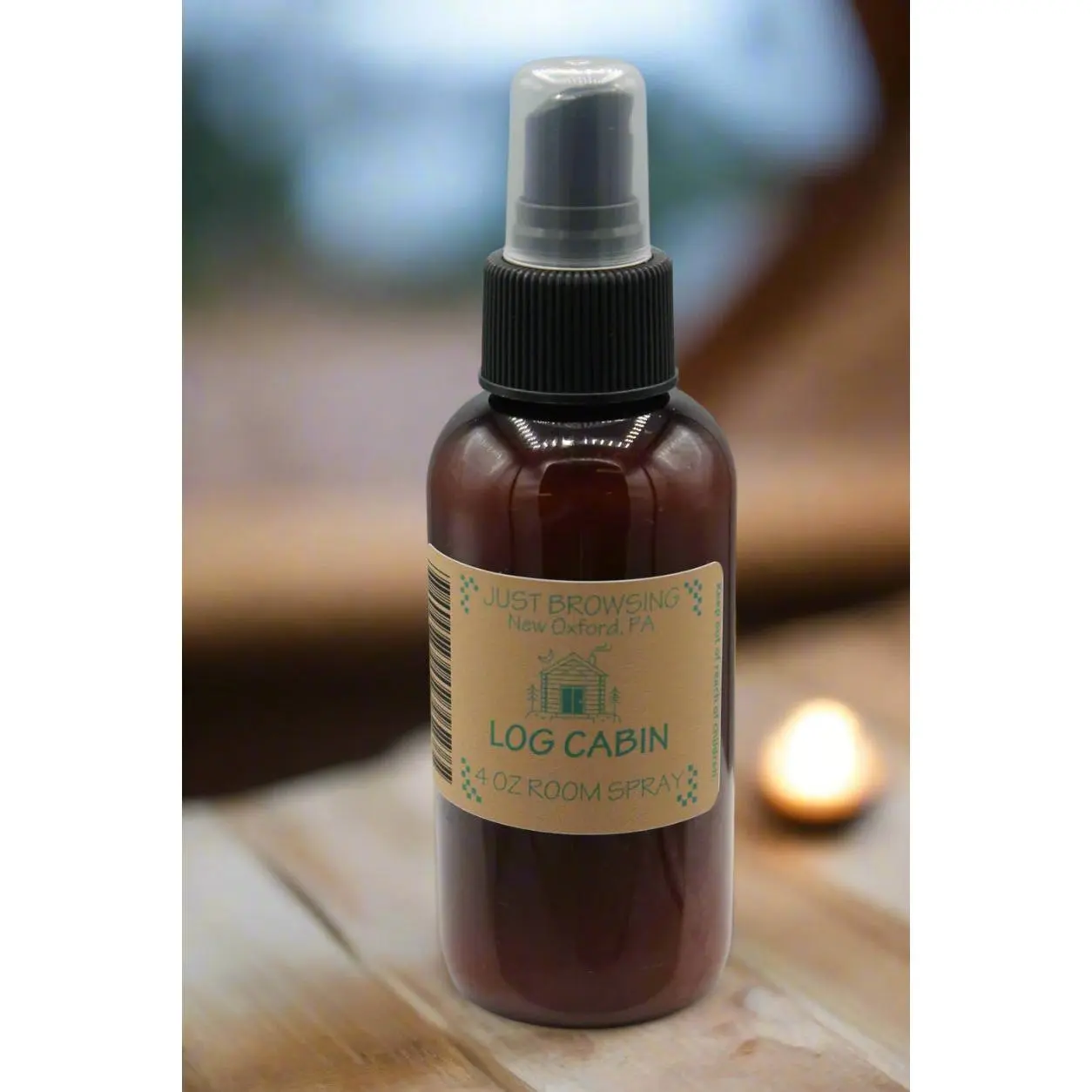 Just Brewing Log Cabin Room Spray - 0.25 oz Scented Fragrance in Dark Brown Bottle with Pump Dispenser