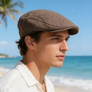 Herringbone Beret Cap for Men, Summer Outing Sun Protection Newsboy Cap, Coarse Tweed Imitation Wool Blend Beret, Vintage Sunshade Duckbill Cap