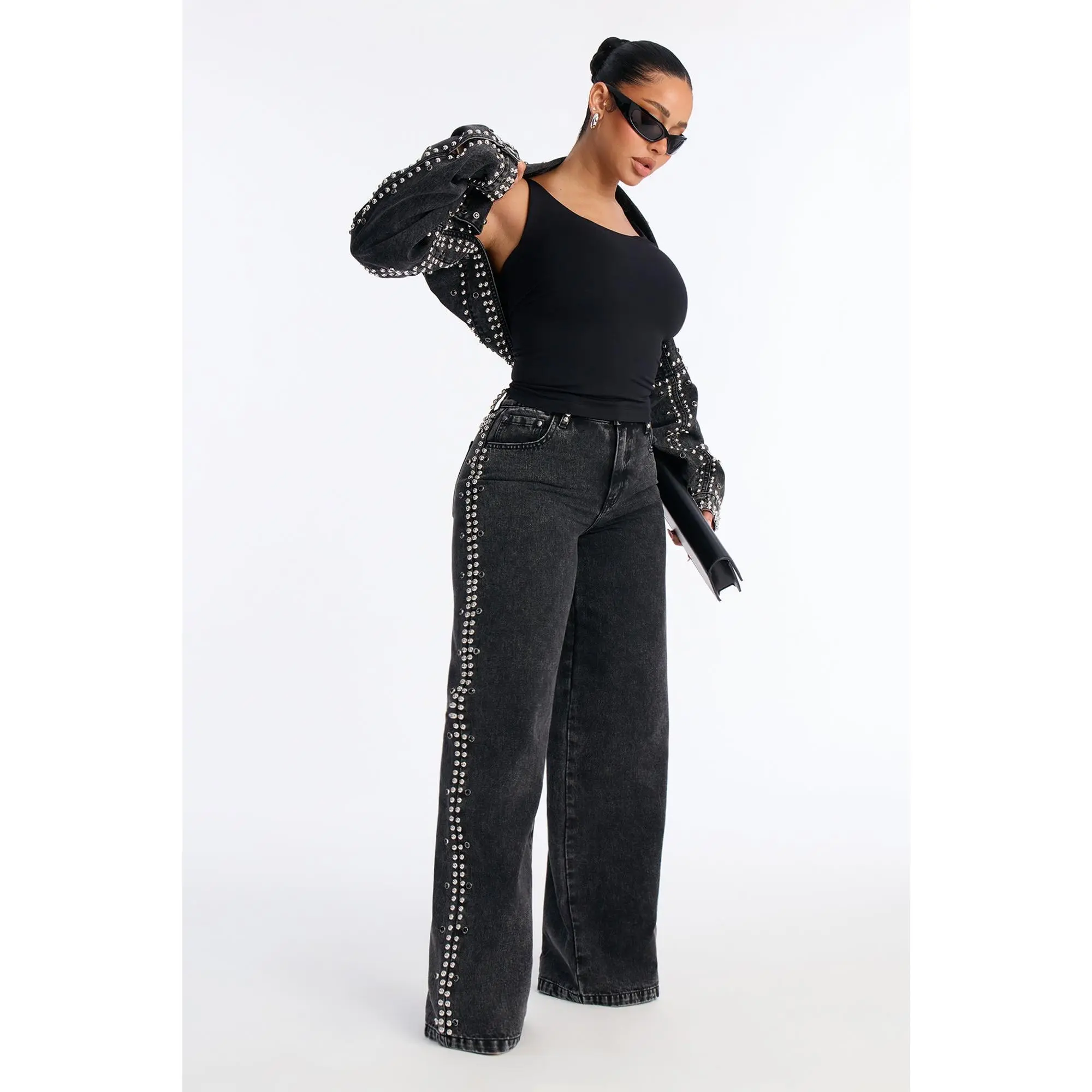 Hollywood Studded Loose Fit Jeans - Black Wash Hollywood Studded Loose Fit Jeans - Black Wash