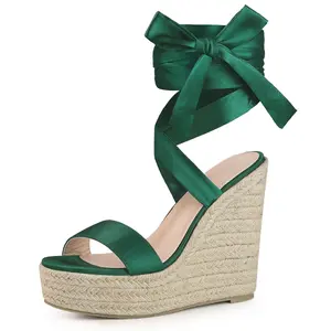 BLISSFUL STEP Platform Bow Ankle Tie Espadrilles Satin Lace Up Wedge Sandals for Women