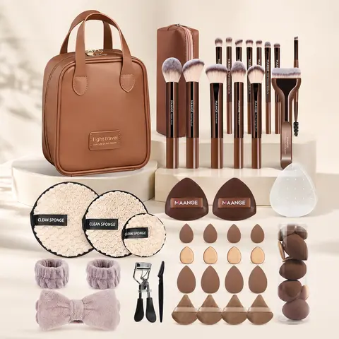 MAANGE 17 Pcs in 1 Brown Professional Makeup Brush Full Face Kit - Soft Multifunctional Brushes with Bag, Sponges, Powder Puffs for Powder, Liquid, Beginner-Friendly Women's Gift Idea