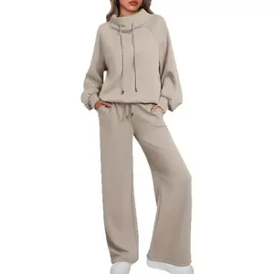 Lounge Sets for Women Sweatsuits 2 Piece Outfits 2025 Fall Drawstring Sweatshirt Wide Leg Sweatpants Tracksuit in Soft Beige Comfortable Fabric Relaxed Fit Women's Targeted Development Pants Set