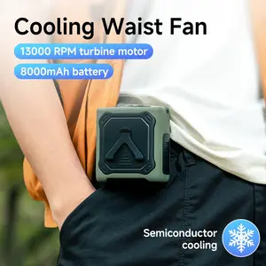 Portable handheld fan, lightweight fan, cooling fan, High Speed Fan, 8000mAh, waist fan, Suspended Waist Fan, rechargeable power supply with flashlight, ABS shell, multifunctional travel necessities for men gift-army green