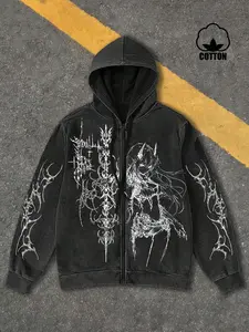 Dark Gothic style “Demon Girl & Thorn Symbol” zipper hooded sweatshirt, featuring cotton material and intricate dark prints. A trendy streetwear item! Retro-inspired distressed wash process; TikTok’s top-rated item for both men and women.