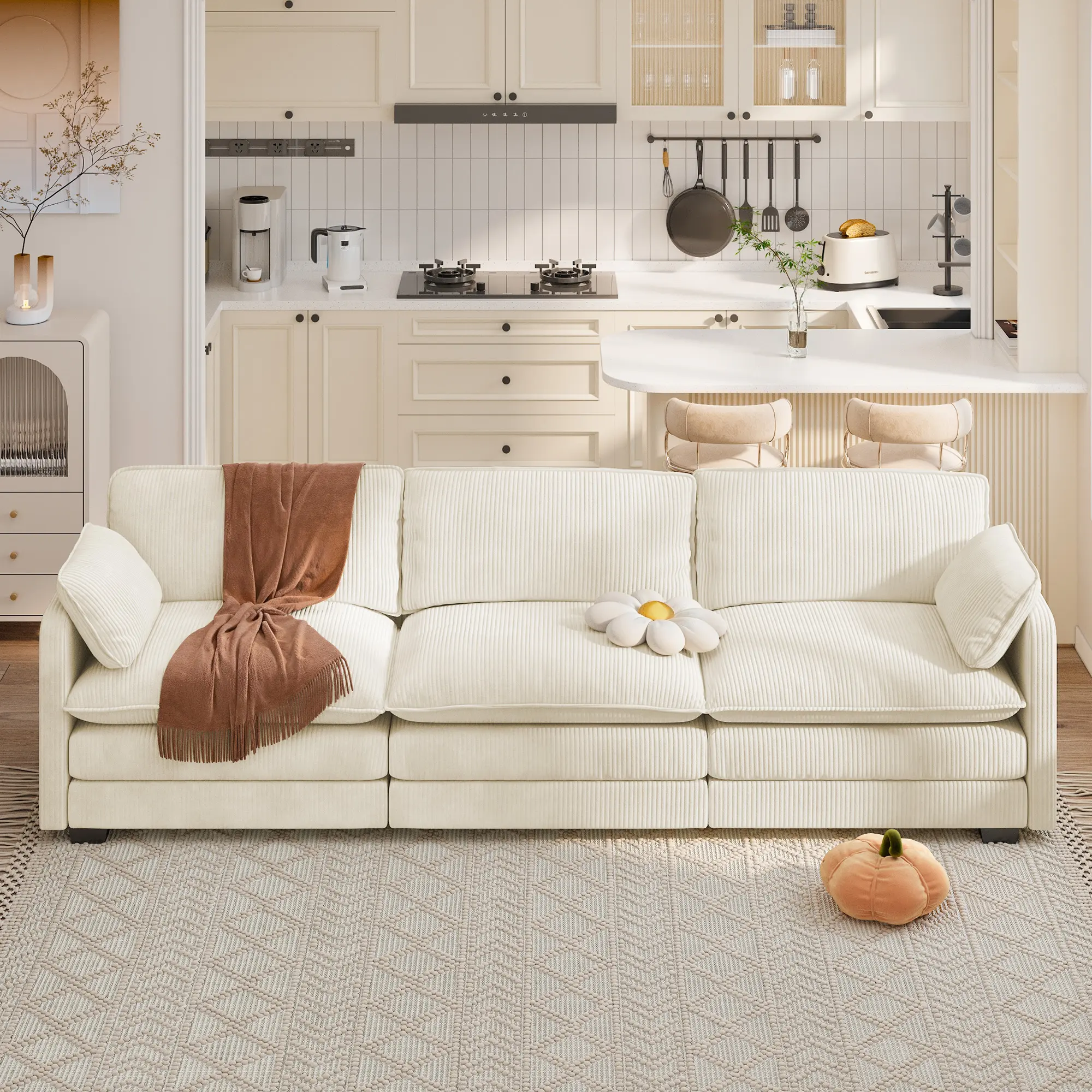 【2 Packages Shipping】Gizoon 3 Seater Couches for Living Room Cloud Sleeper Sofa with Double Cushion Corduroy Deep Seat Sofa Couches with 2 Pillows for Living Room Bedroom and Apartment Pet-Friendly Fabric