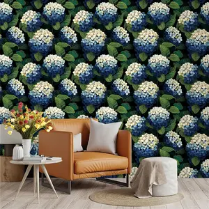 Vintage Luxury Hydrangea Theme Wallpaper, Blue Gradient, Deep Leaves, PVC Adhesive Back, Kitchen/living Room Decor