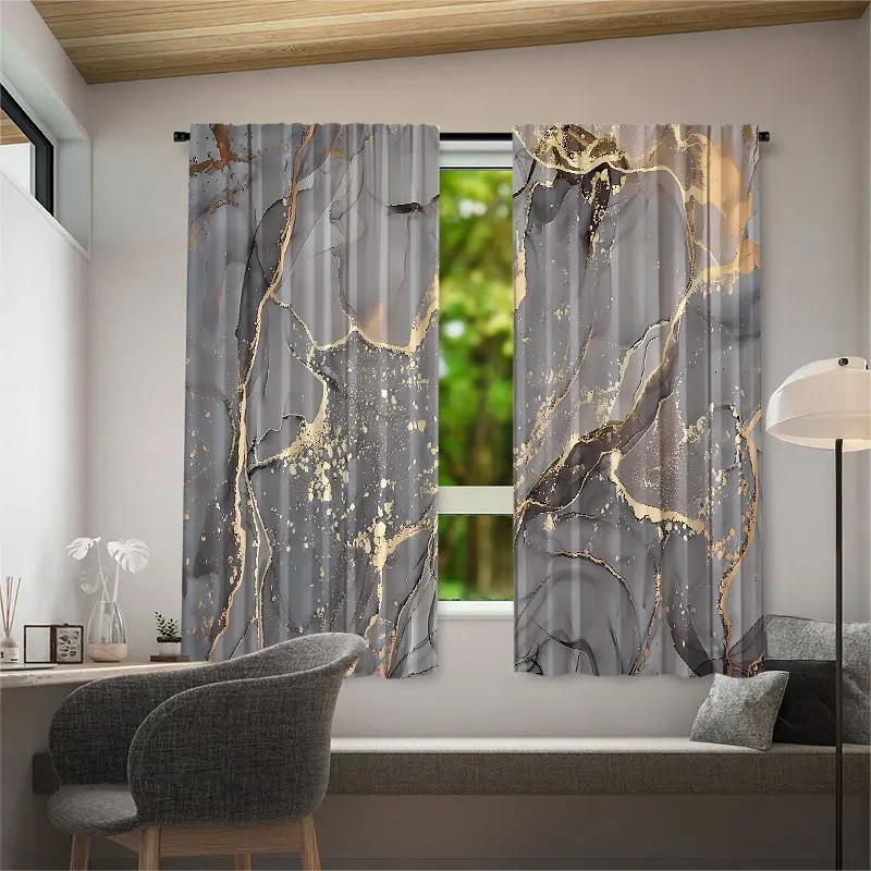 2 pieces of digital marble-patterned printed decorative semi sheer window curtain panels, semi-transparent privacy protection, fade-resistant, hand/machine washable, Easy maintenance, suitable for home decoration, window drapes