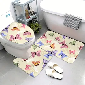 A Set of Butterfly Bathroom Rugs, Washable Knitted Polyester Mats with Non-Slip Backing, Including a Bath Mat, Contour Mat, And Toilet Lid Cover - Spring And Summer Decor