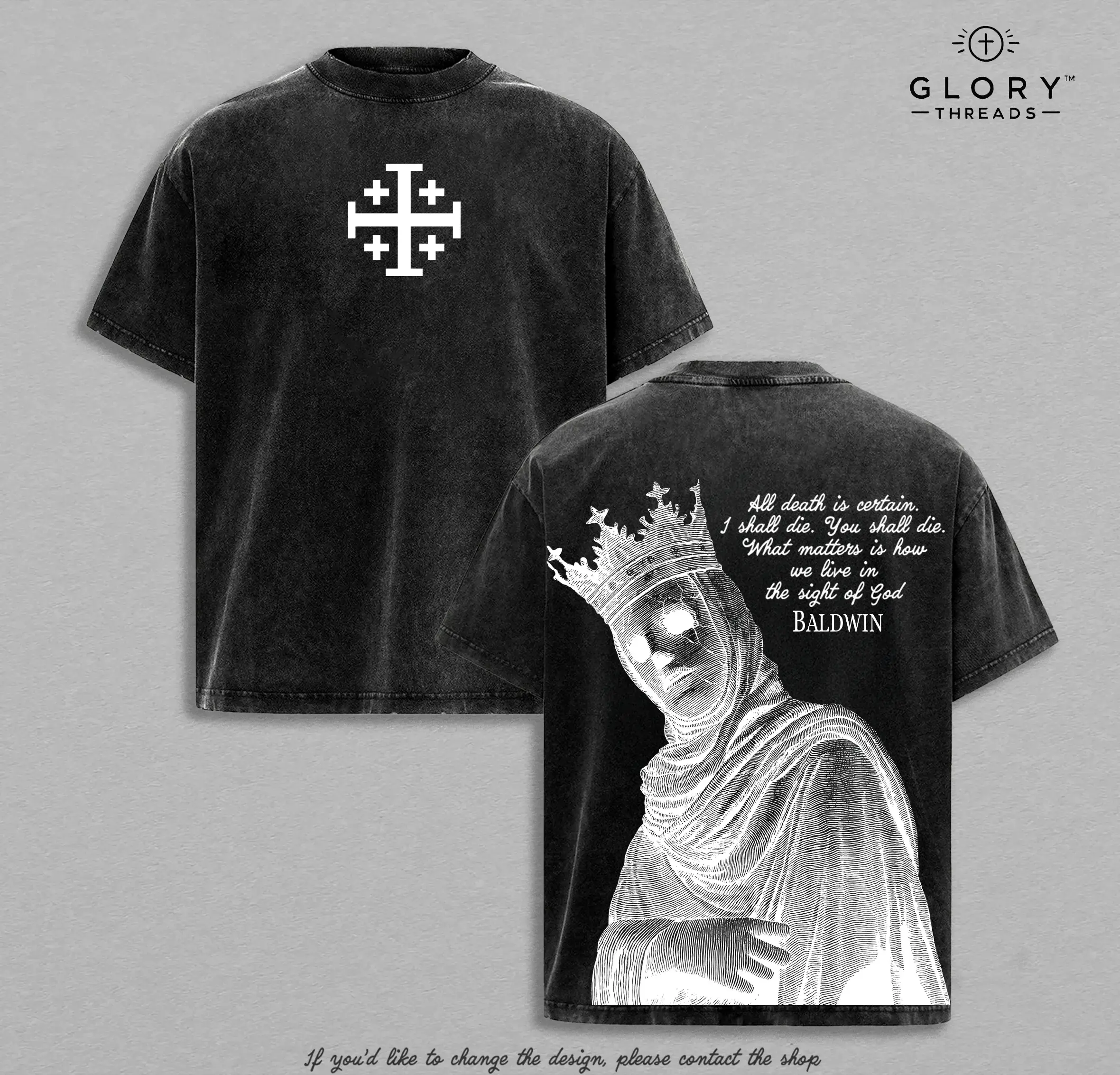 Mens Baldwin IV The Leper King Graphic T-Shirt, Tank Top & Hoodie - Short Casual Menswear Clothes, Washed Crusader King of Jerusalem, Jerusalem Cross Medieval Christian Gothic Faith Streetwear, Round Neck