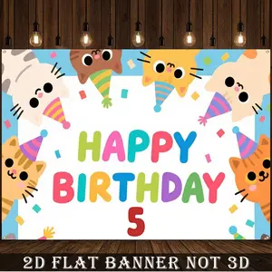 2D【party banner】1pc,Cute and Fun Cat 5th Birthday Theme Background Cloth, Colorful Cat Surrounding and Freezing Beautiful Moments,For Family Party Events, Wedding, Birthday Party,   Four Season, Entryway, Room Decor,Indoor/Outdoor Celebrations