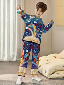 Children's Fun Space Rocket 2-Piece Set, Print Sleepwear, Boys' Digital Printed Long-Sleeve Pajamas with Extended Sleep Pants, Flame-Retardant Fabric, Comfortable and Soft Pajama Set, Suitable for Sleeping and Home Leisure, 100% Polyester for Boys