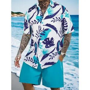 Men's Summer Fashionable And Simple - Leaf Print 2pcs - Short Sleeve Button Casual Lapel - Simple Shirt And Shorts - Trendy And Versatile - Suitable For Dates, Beach Holiday