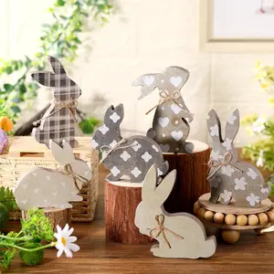6 Pcs Easter Table Decorations Wooden Bunny Decor Stand Signs Easter Bunny Tabletop Centerpiece with Rope Tiered Tray Decor Farmhouse Rabbit Decorations for Home Office(Cute)