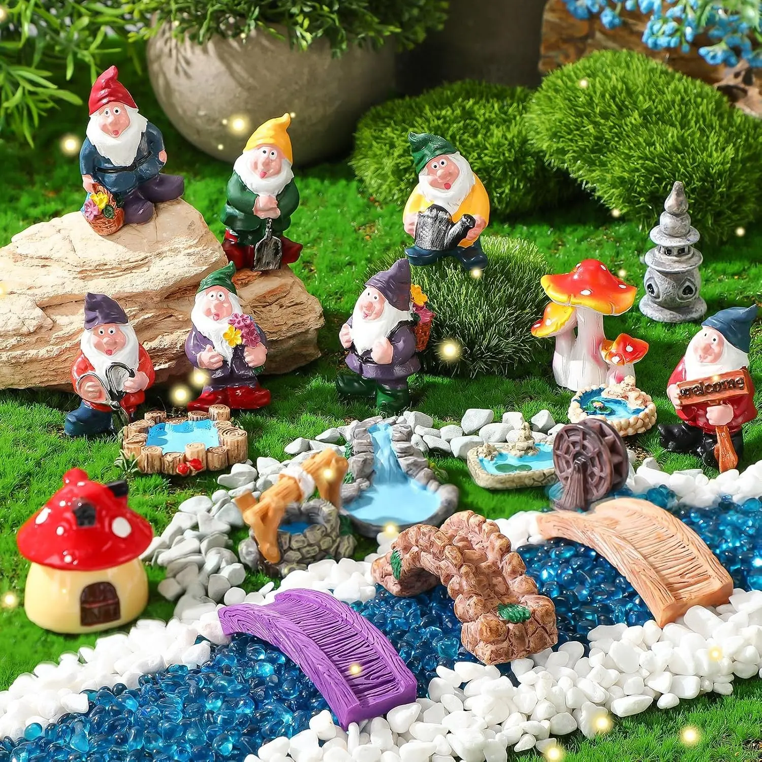 19 Pcs Gnome Garden Accessories Tiny Fairy Gnome Figurines Miniature Bridge Mushroom Lighthouse Water Well Pond Resin Garden Decorations Miniature Figurines for Craft