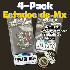 4 Pack JALISCO Estados de Mexico | 2 Aromarizante, 1 Die Cut Sticker, 1 Sujetador tipo PopSocket | Mexican Products