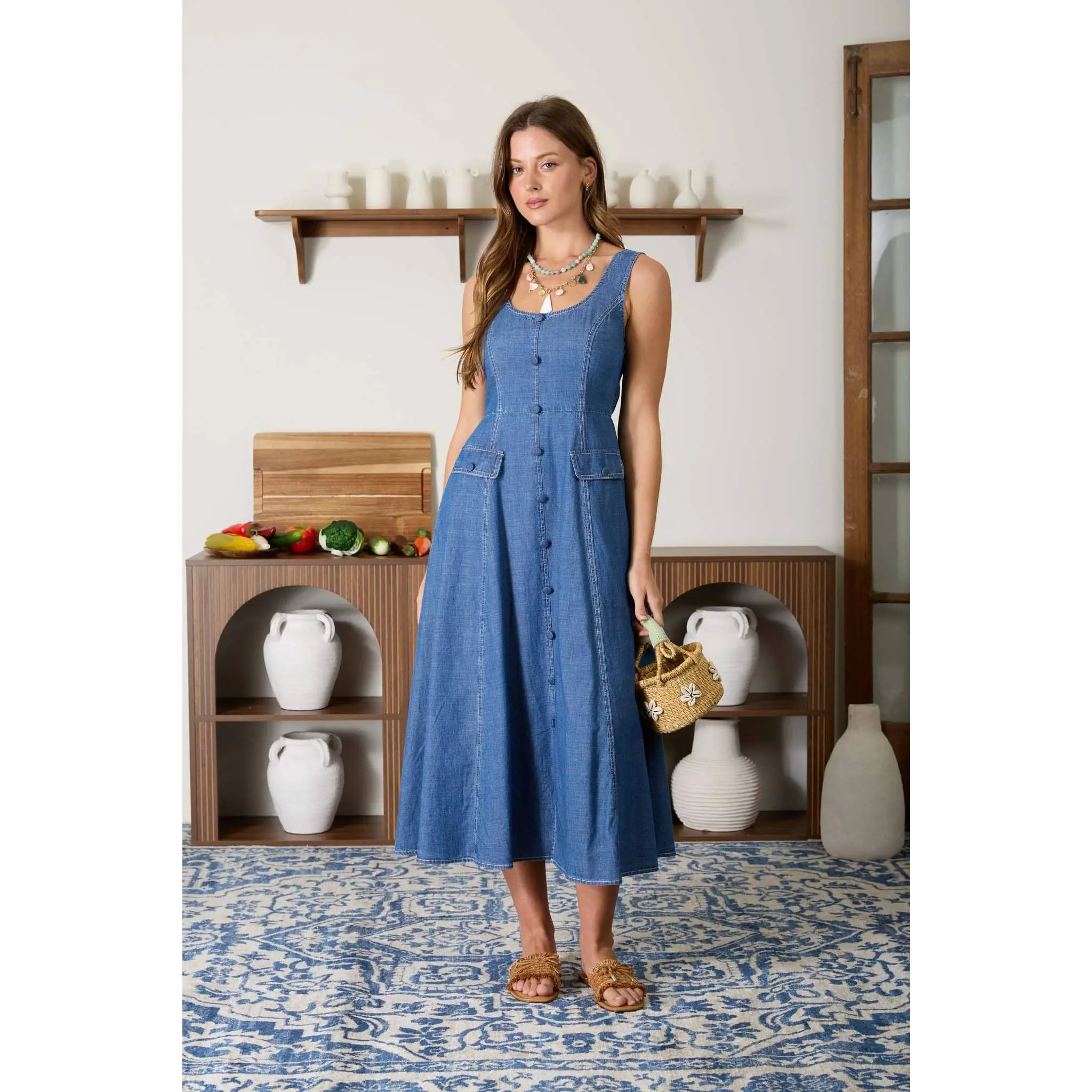 SCOOP NECK SLEEVELESS BUTTON DOWN DENIM MIDI DRESS