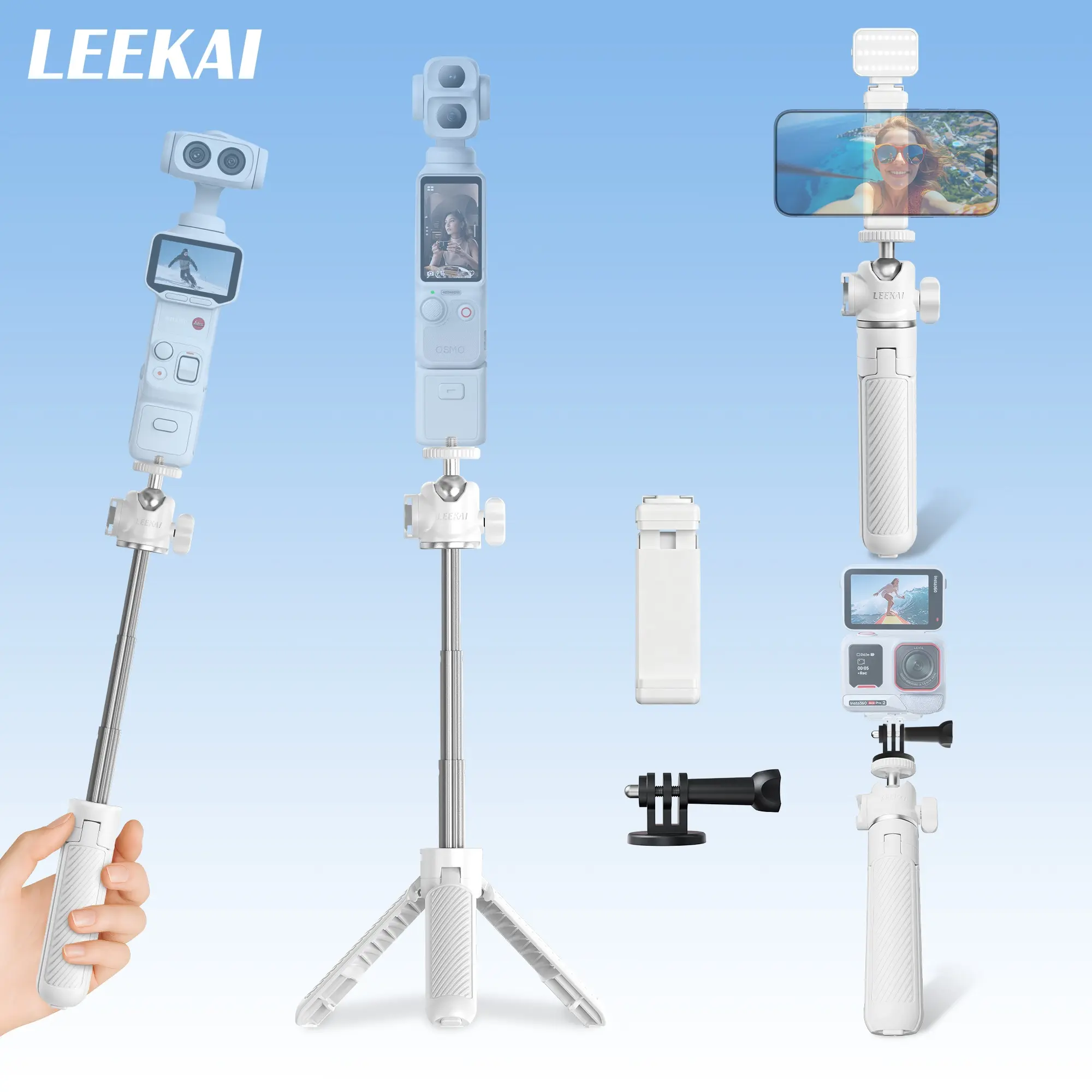 Leekai PX05 0.01S Auto Open 11.8" Extension Pole Mini Phone Tripod, 360° Rotation Mini Selfie Stick w/Cold Shoe&Claw Adapter&Phone Holder for Phone, Osmo Pocket 4/3, Action 6/5 Pro/4/3, insta360 X5/X4/X3,Black