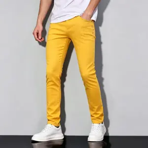 Men’s solid-color straight slim yellow casual pants with pockets; men’s jeans with slanted side pockets; suitable for spring/summer/autumn. fathersdaygift