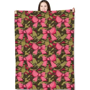 Pink Bow Camo Throw Blanket for Adults Kids, 50x60 in, Army Camouflage Theme Flannel Blankets for Bedroom, Couch, Travel, Home Decor, Fuzzy Soft Cozy Warm Gifts, Cozy All-Season Blanket Christmas New Year Gift