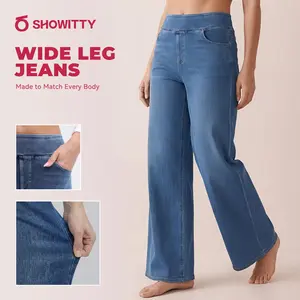 SHOWITTY Women's Straight Leg High Waisted Wide-Leg Jeans with Pockets – Stretchy Denim Pants