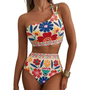 Women's High Waisted Bikini Sets One Shoulder Floral Print Swimsuits 2 Piece Tummy Control Bathing Suits2026