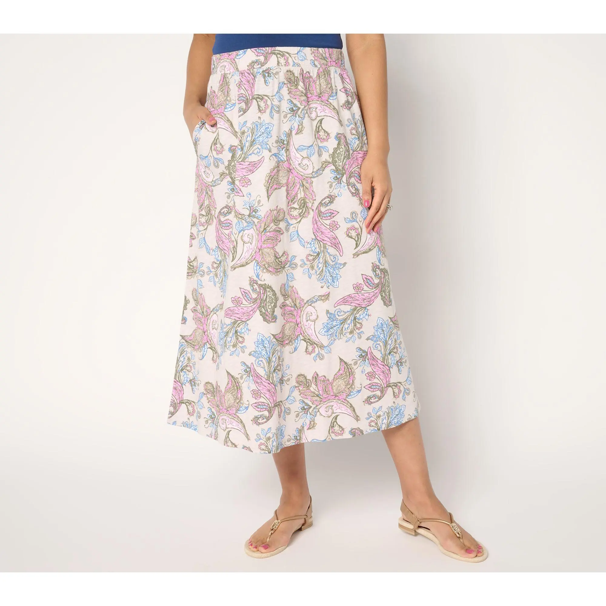 Denim & Co. Petite Linen Blend Midi Skirt with Pockets