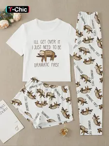 Three-Piece Set Women's Cute Cartoon Sloth Print Tee & Shorts & Pants Pyjama Set, Casual Comfy Crew Neck T-Shirt & Shorts & Trousers PJ Set, Summer Clothes Women, Summer Outfits 2024, Pajamas Lounge Set