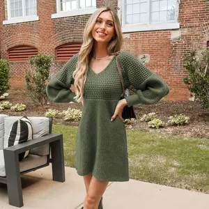 CUPSHE Women's Sweater Dress V Neck Honeycomb Long Sleeve Textured Fall Casual Knit Pullover Dresses Casual Womenswear