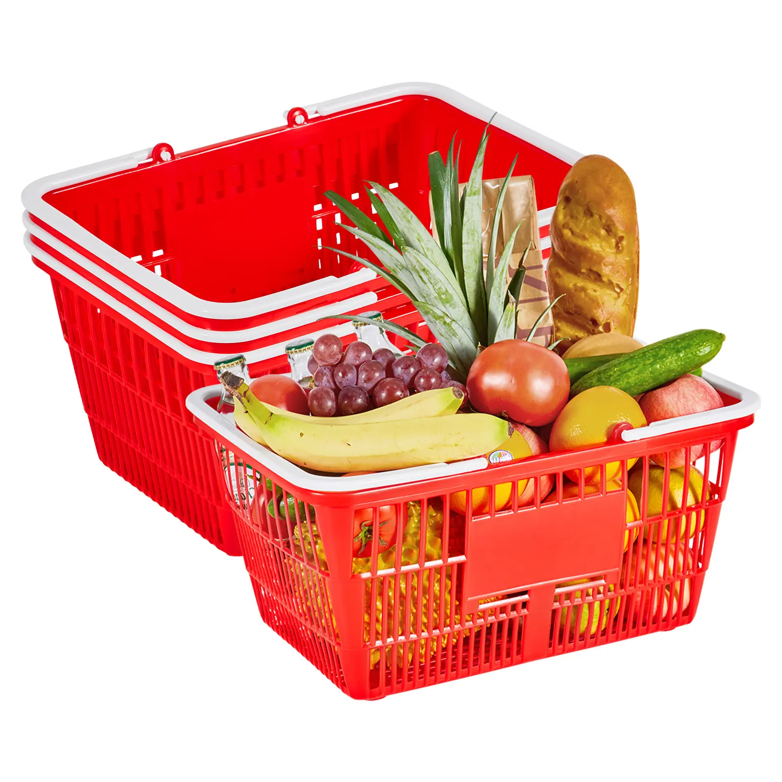Shopping Baskets, 4 PCS, 21L Stackable PE Plastic Grocery Baskets with Handles, Dense Mesh Structure, Holds up to 20 lbs, Portable for Grocery, Retail, Stores, Supermarket, Home Use, Red