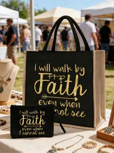 Faith Quotes Black Gold Tote Bag + Coin Purse Set, Large Capacity for Daily Commute / Church Use