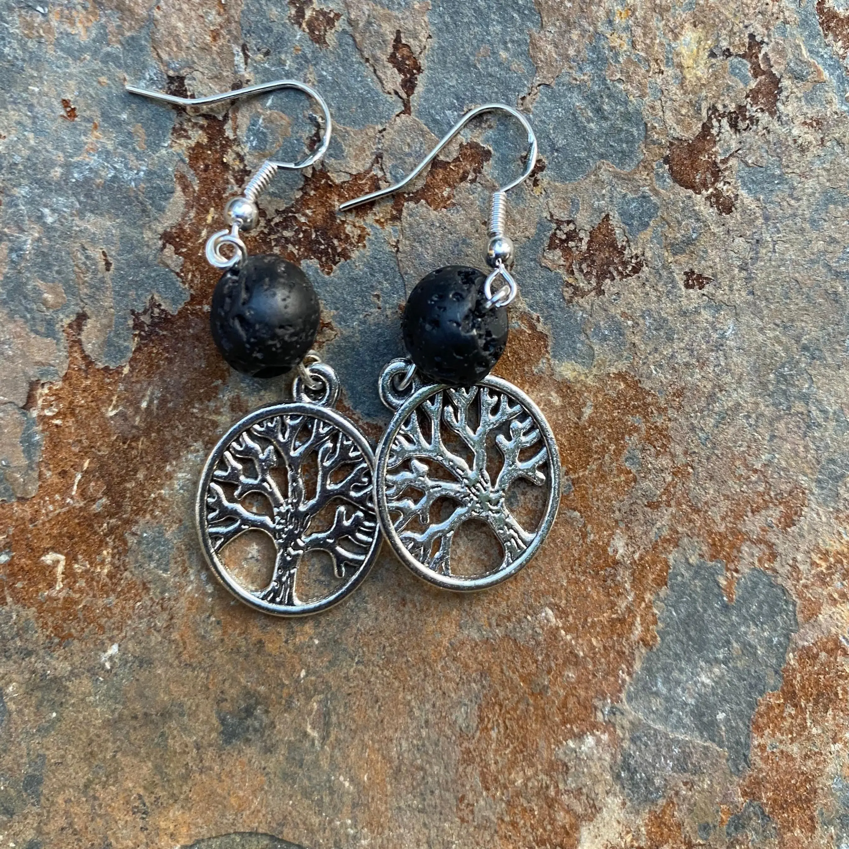 Diffuser Earrings, Tree of Life Earrings, Lava Bead Earrings, Lava Stone Earrings, Lava Rock Earrings, Anxiety Earrings, Gift for Her.