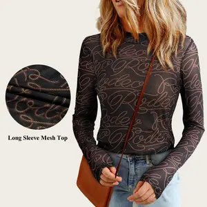 Asvivid 2025 Fall Clothes For Women Long-sleeved top Cute Western Style Rodeo Printed Mock Neck Mesh Long Sleeve Tops Without Bra