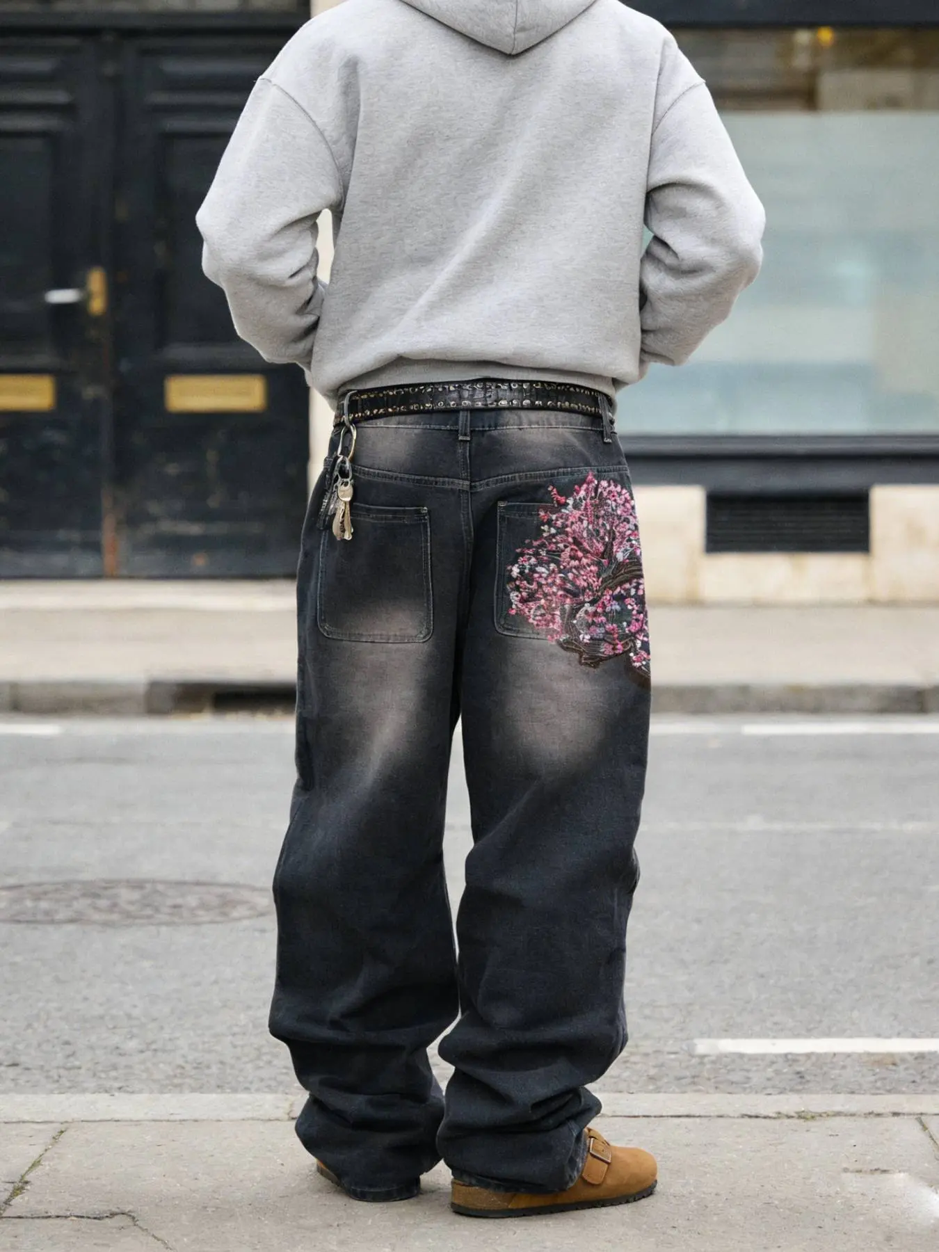 Men's Y2K Streetwear Hip-Hop Jeans, Denim Cargo Jeans, Denim Embroidered Jeans, Faded Pocket Jeans, Washed Denim, Vintage Loose Fit Relaxed Fit Straight Leg Pants, Floral Embroidery, All Seasons Fashion