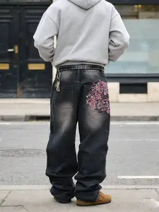 Men's Y2K Streetwear Hip-Hop Jeans, Washed Denim, Vintage Loose Fit Relaxed Fit Straight Leg Pants, Floral Embroidery, All Seasons Fashion