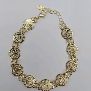 SAINT BENEDICT religious bracelet coins style 8 to 9"inches gold-plated