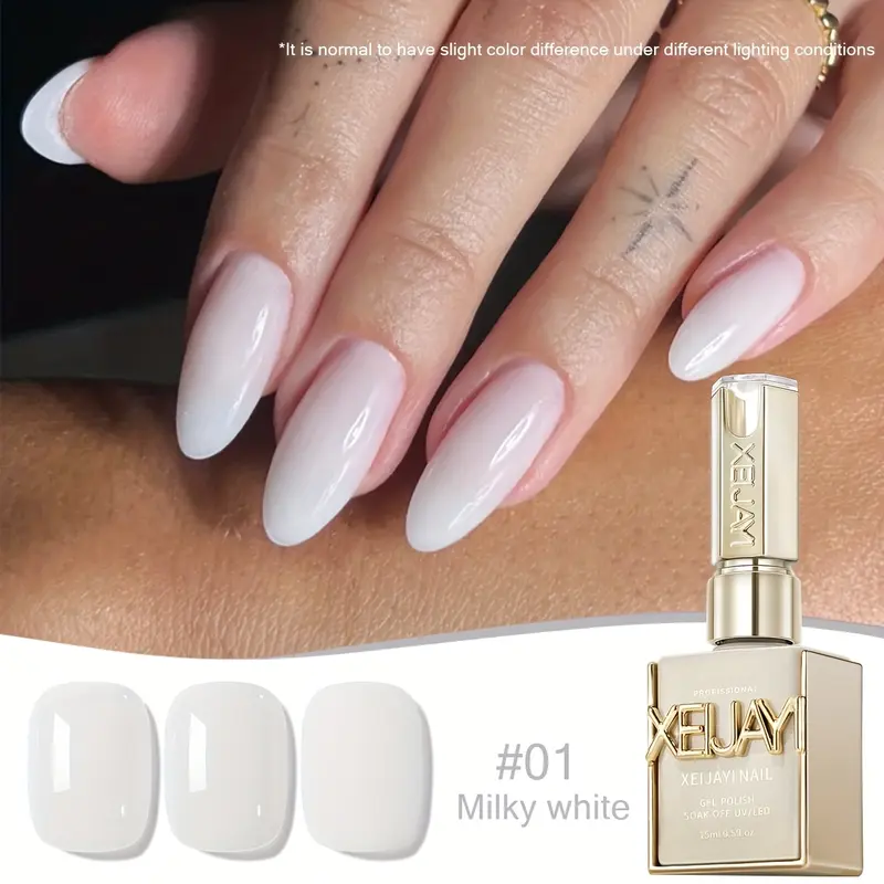 XEIJAYI 1pc 15ml TPO&HEMA-Free Milky White Cream Gel Nail Polish, Fashion Almond Shape Gel Nails at Home Option, Glossy Finish, Smooth Application, LED-Curing, 24-Month Shelf Life, Salon-Style Manicure for Women