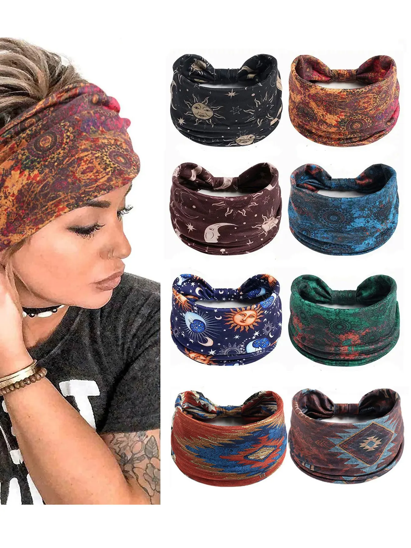 Women's Starry Moon+Printed 8pcs Combination Wide Headband, Fashionable Anti slip Knotting Sweat Absorbing Sports Headband, Yoga, Running Daily Wear Wear and Wear Multi functional Printed Wide Headband Fashion Accessories Headband