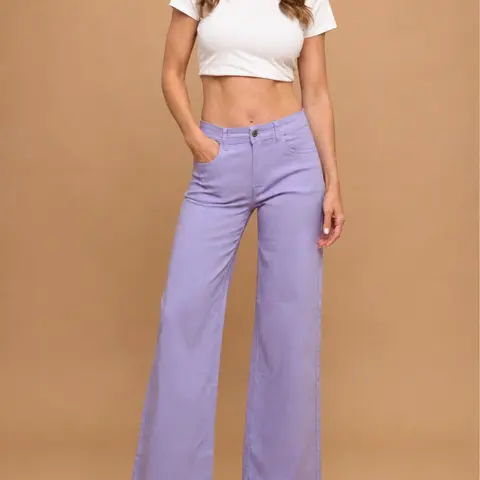 Lover Brand Fashion Women's High Waisted Stretchy Colored Wide Leg Denim Twill Jeans - Pocket Trousers, Button-Front, Casual Comfort Basic Pants