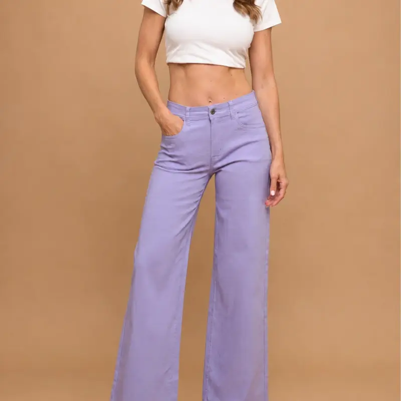 Lover Brand Fashion Women's High Waisted Stretchy Colored Wide Leg Denim Twill Jeans - Pocket Trousers, Button-Front, Casual Comfort Basic Pants