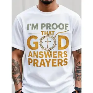 Men's Christian T-Shirt I Am God's Response to Prayer - Golden Lettering,WhiteBlack Round Neck Short Sleeve Shirt for Church, Easter, Christmas - Religious Apparel for Prayer Meetings
