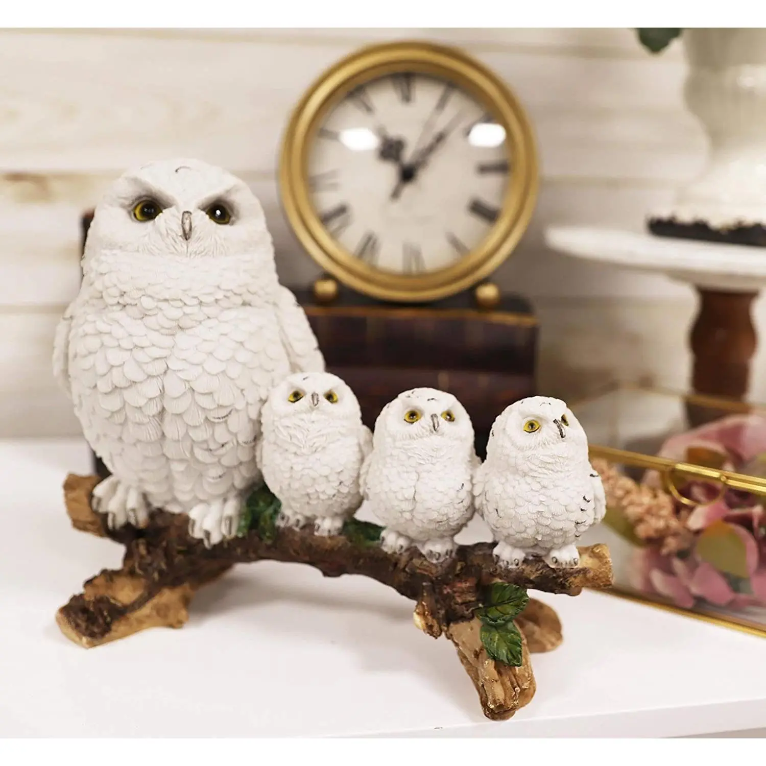 Ebros Magical Hand-Crafted White Mother Owl Perching On Tree Branch With 3 Baby Owlets Home Decor Statue, 10.25" Wide