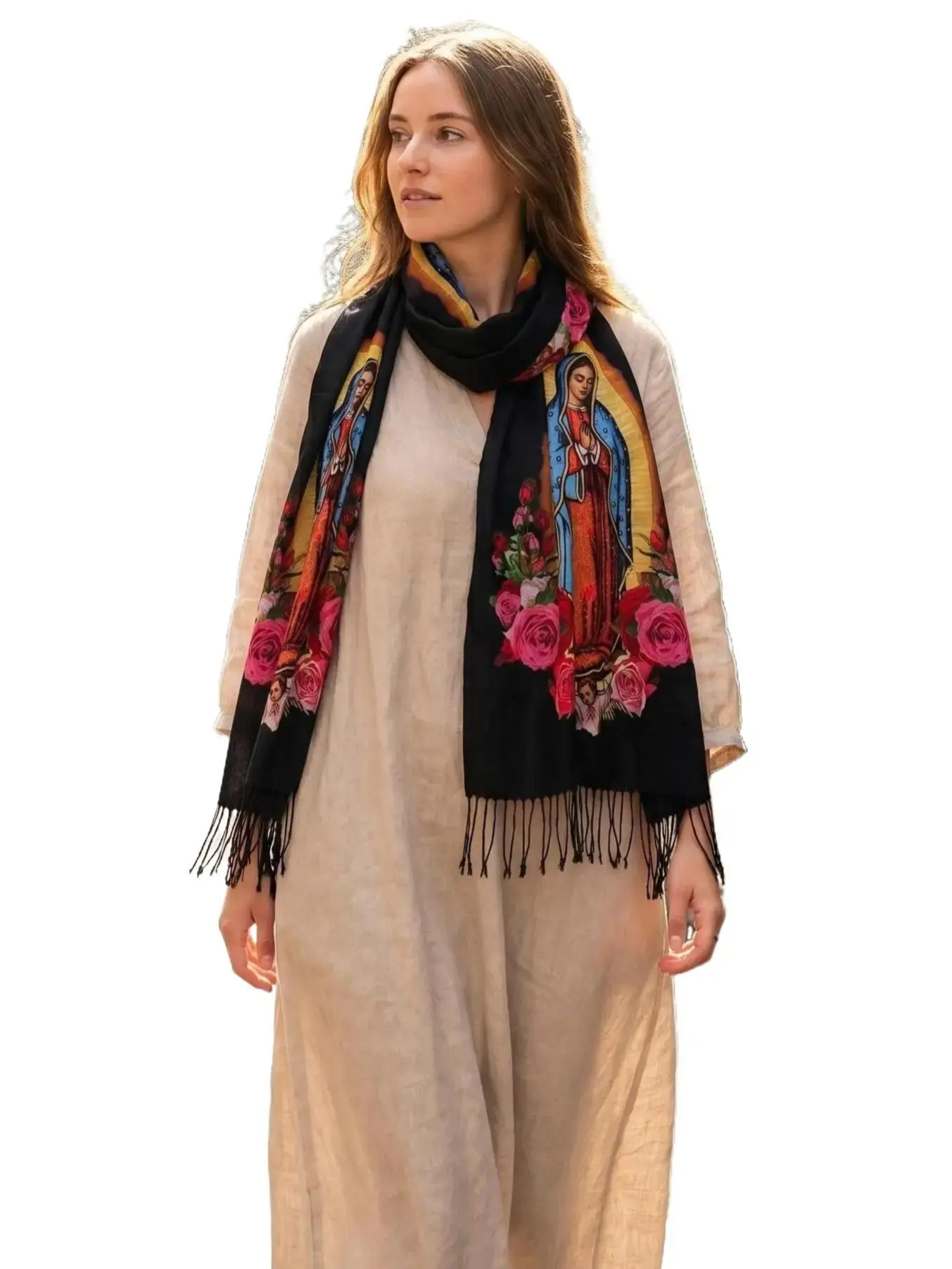 Elegant Shawl for Women Virgen De Guadalupe Floral Design Soft Warm Blanket Scarf for Evening Dresses Versatile Gift Option outdoorfun Soft And Warm Perfect Gift scarf head wrap