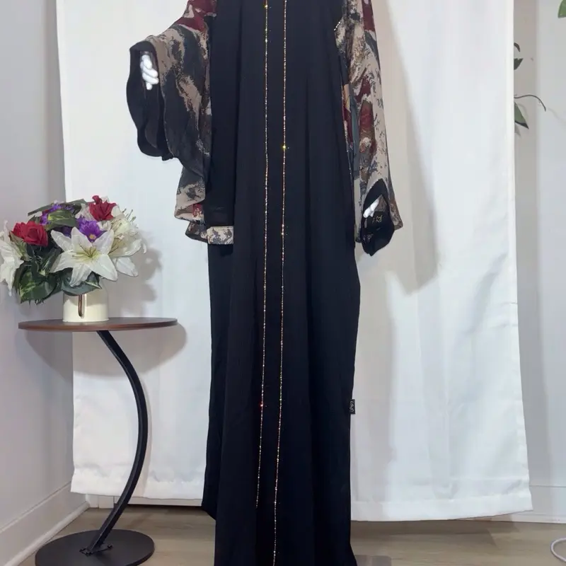 Women's Elegant V-Neck Abaya with Abstract Embroidery, Modest Chiffon 60-Inch Full Length Evening Gown, Long Sleeve, Abstract Chiffon