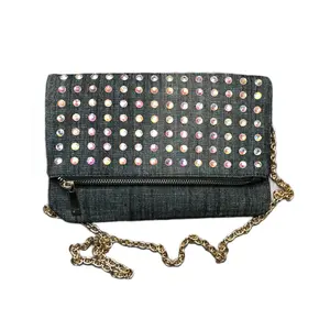 Women’s Brand New Denim Purse Clutch Gold Chain Unique Great Quality With Studs Special for Any Occasion, Wedding, Party, Prom