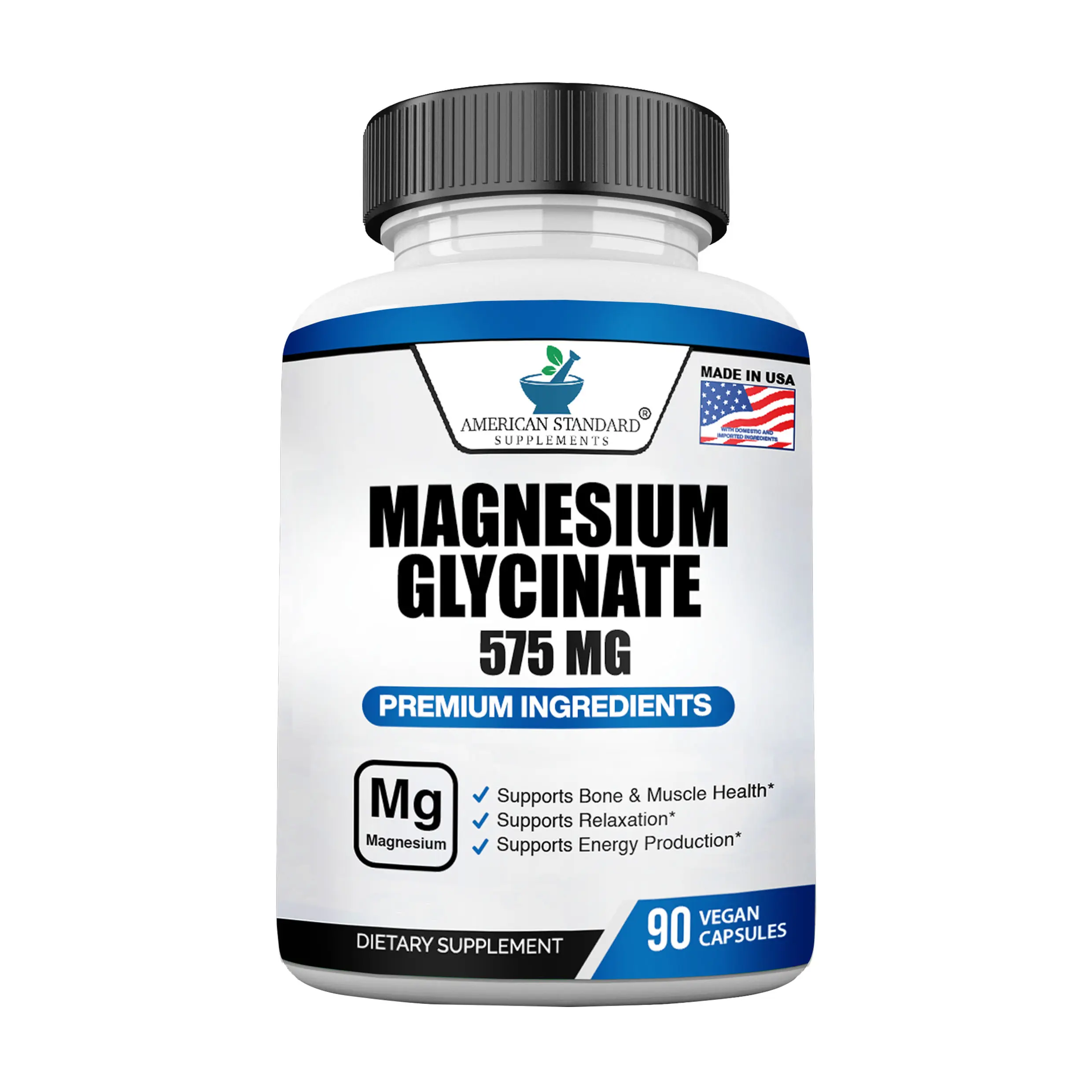 American Standard Supplements Magnesium Glycinate 575mg per Serving, Magnesium Supplement for Bone & Muscle Health, Chelated for Maximum Absorption, 90 Veggie Capsules