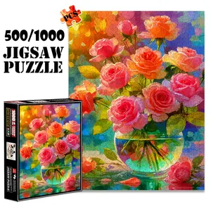 1pc 1000 piece adult puzzle 70x50cm Vase of Colorful Pink and Orange Roses 500 pieces of paper jigsaw puzzle, suitable for adults and families, large-scale DIY puzzle interactive toy games, birthd