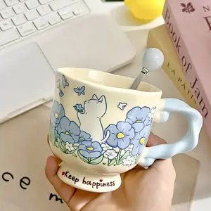 Ceramic Cat Flower Mug with Lid, Home Use Couples Matching Cups, Perfect Birthday Gift for Women, Wedding Favor Souvenir, Drinkware, Ceramic Coffee Cup