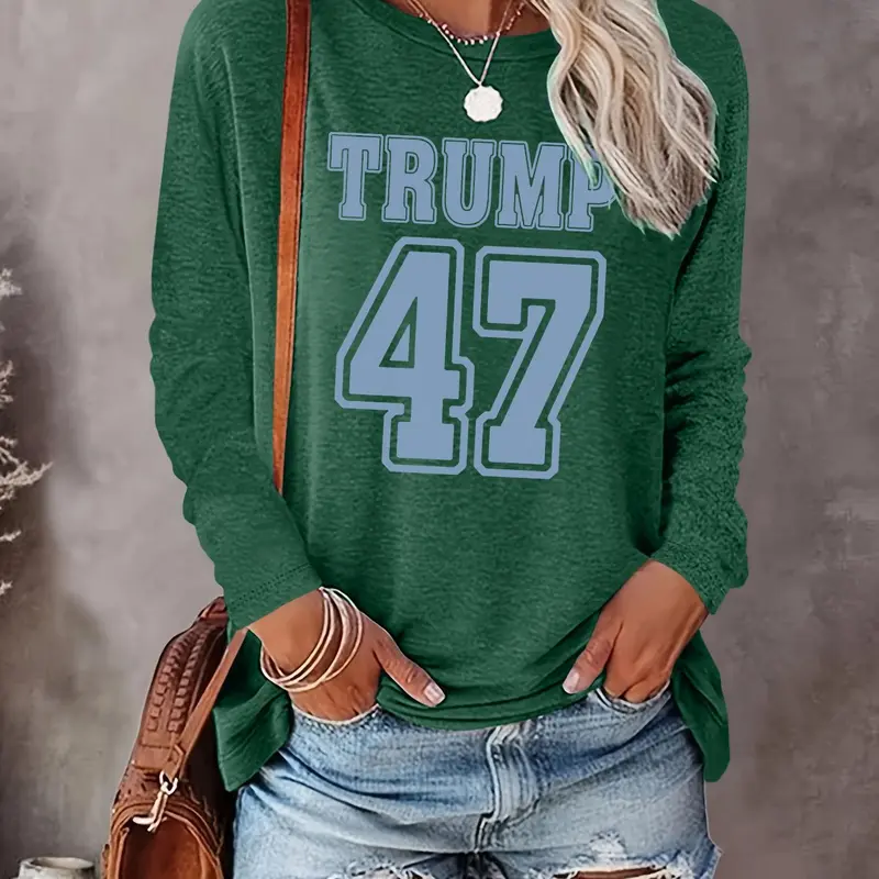 Women's Letter & Number Print Round Neck Tee, Casual Long Sleeve Crew Neck Top for Spring & Fall, Women's Top for Daily Wear