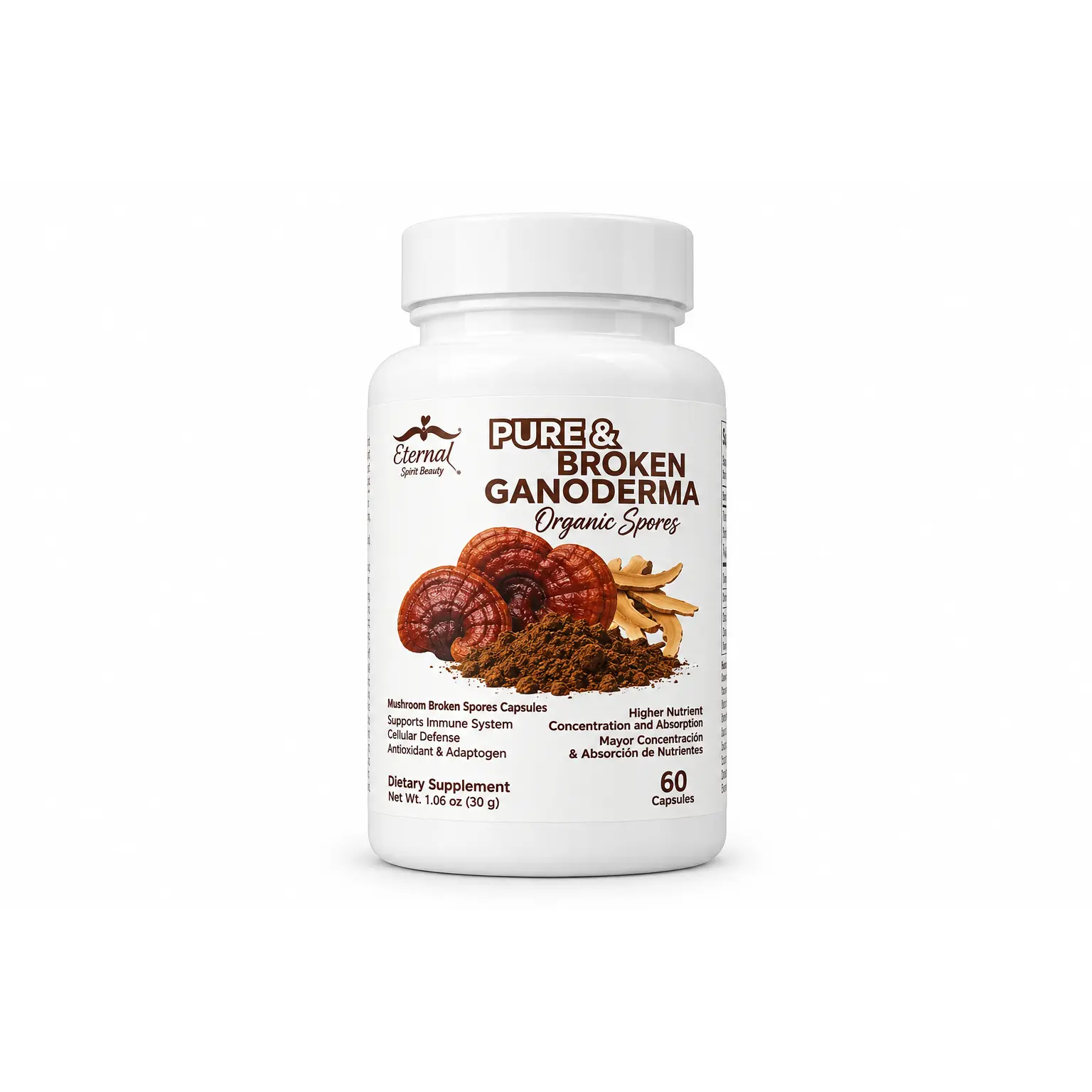 Pure & Broken Ganoderma Organic Spores | Dietary Supplement | 60 Capsules